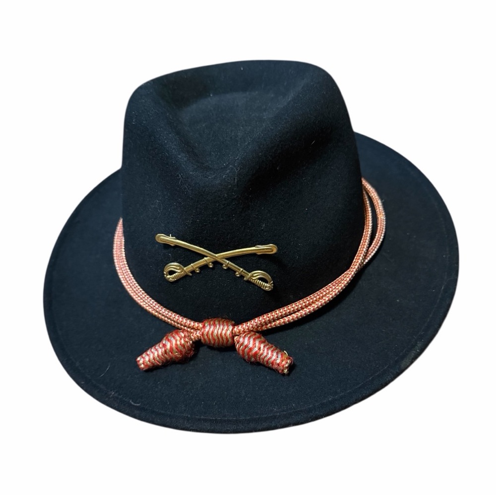 Black wool felt cavalry slouch hat with red and gold cord and crossed sabers L